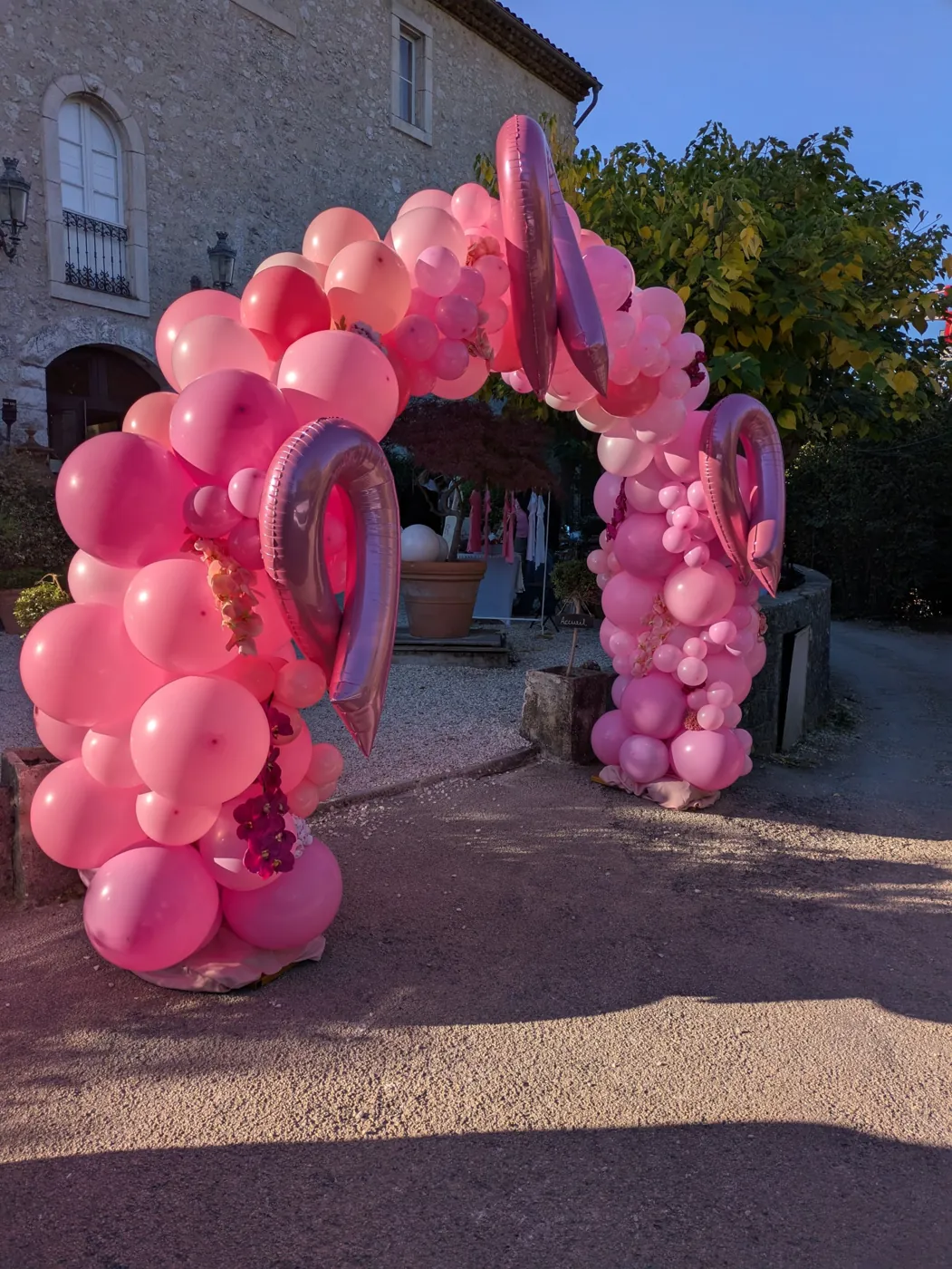Arche de ballons roses à l'entrée du domaine lors d'une édition On Pose Pour le Rose